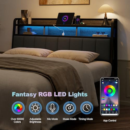 Queen Headboard Only with Storage, Charging Station, Black & Grey