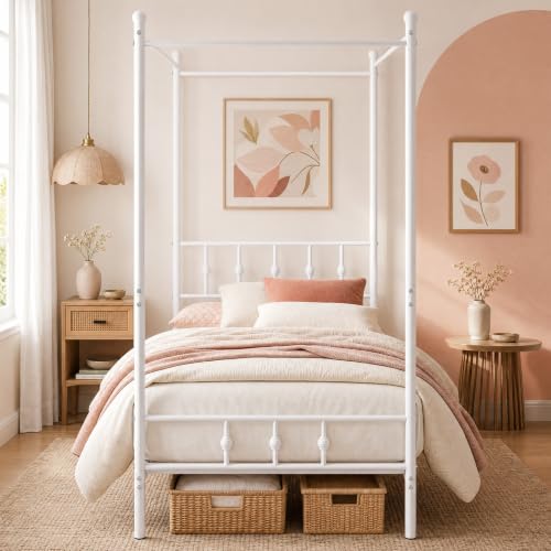 Twin Canopy Bed Frame with Headboard and Footboard (White)
