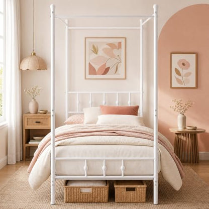 Twin Canopy Bed Frame with Headboard and Footboard (White)