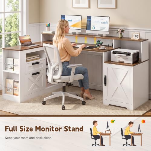 L Shaped Executive Desk with Drawers & Outlets, LED Lights
