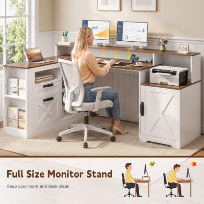 L Shaped Executive Desk with Drawers & Outlets, LED Lights