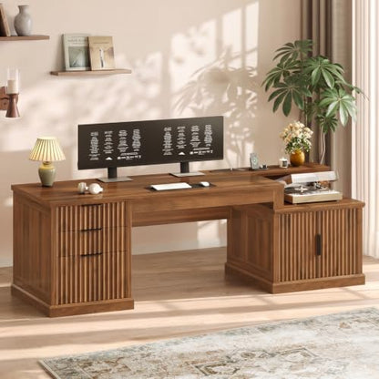 70.9" Executive Desk, Fluted Office Desk with Drawers, Brown