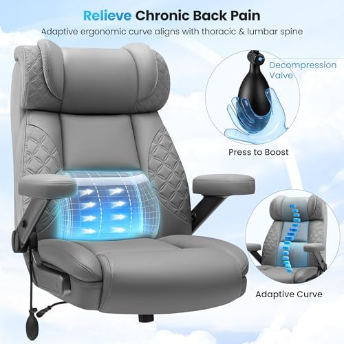 BestGlory Big and Tall Office Chair, 500LBS Wide Seat Computer Desk Chair, Extra Large Executive Gaming Chair with Adjustable Lumbar Support and 5D Flip Arms, Comfy Heavy Duty Office Chair, Gray
