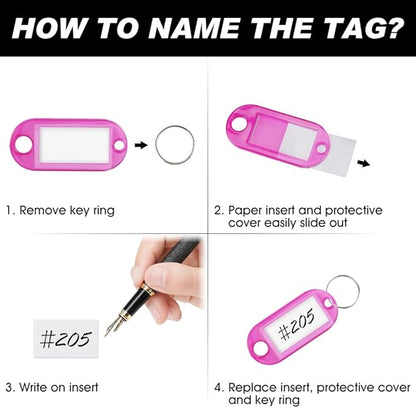 Key Labels, Key Tags, 30 Pack Plastic Key Tags with Ring and Label Window, Key Chain ID Tags/Identifiers for Name, Luggage, Bags, Backpack, 10 Colors