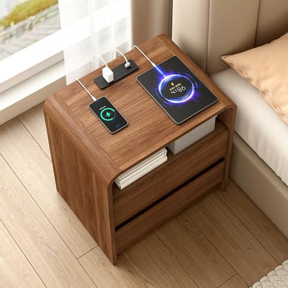 Nightstand Set of 2 w/Charging Station, 2 Drawers & Open Shelf