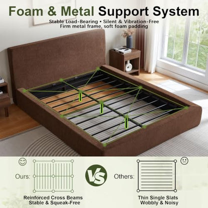 Queen Cloud Bed Frame with Headboard, No Box Spring Needed, Brown-Style A