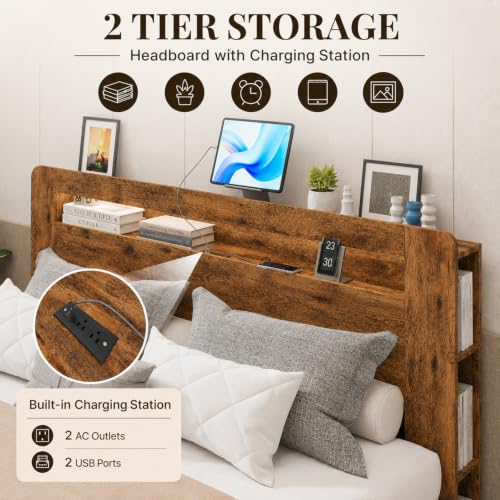 Farmhouse Queen Bed Frame, Storage Headboard with LED Charging, Brown