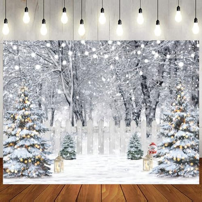 8x10ft Christmas Backdrop Winter Snow Forest White Fence Background Christmas Trees String Lights Lantern Snowman Photography Backdrop Holiday Party Banner Home Decor 115 - size: 10 x 8ft