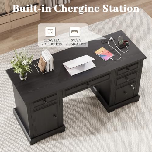 59" Farmhouse Executive Desk with Drawers Cabinet Power Outlet
