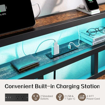 King Bed Frame with Charging Station and LED, Metal Platform Bed