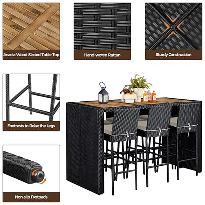 7 Piece Patio Dining Set Outdoor Acacia Wood Bar Table and Chairs