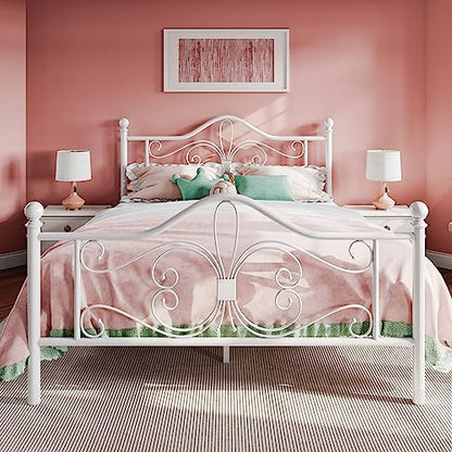 Full Size Metal Bed Frame with Butterfly Headboard, White