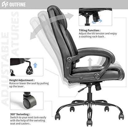 OUTFINE Office Chair Executive Office Chair Desk Chair Computer Chair with 5-Year hydrolysis-Resistant Leather Spring Cushion Ergonomic Support Tilting Function Upholstered in Bonded Leather Black