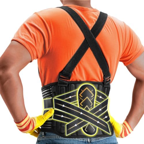 Plus Size 4XL/5XL Work Back Brace with 2 Suspender Shoulder Straps, Back Support Belt with Bionic Lumbar Panel for Heavy Lifting Safety, 360° Posture Protection for Men & Women in Moving Jobs