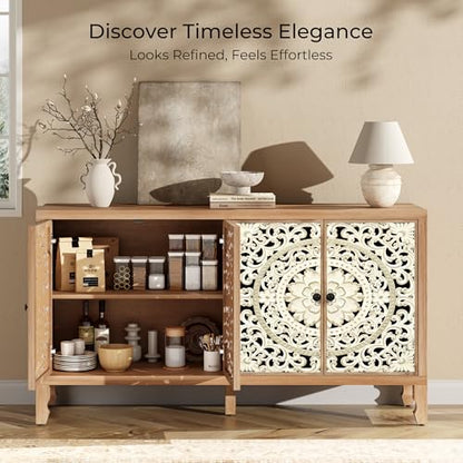 59" Solid Wood Buffet Cabinet, Accent Cabinet with 4 Carved Doors
