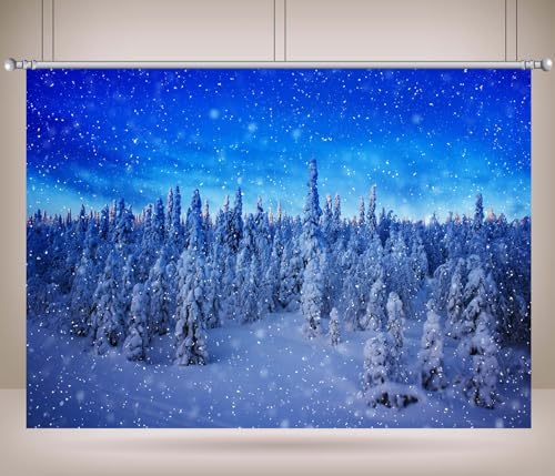 BELECO 5x5ft Fabric Winter Snow Forest Backdrop Snowy Pine Forest Snowflakes Blue Winter Wonderland Background Christmas Party Decorations Banner Photo Video Props - size: 5x5FT