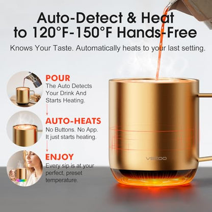 Vsitoo S6 Plus Smart Coffee Mug, 12oz,Temperature Controlled Mug & Electric Coffee Mug with Music Sync Lights，Auto-Sensing AI Heats Drinks to 120-150°F Hands-Free. Ideal for Home/Office/Gifts - Gold - color: Gold