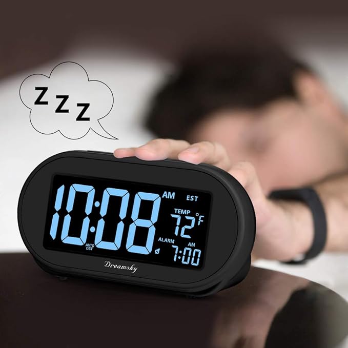 DreamSky Alarm Clocks for Bedrooms, Auto Set Digital Desk Clock for Bedside Nightstand, Electric Clock with Dimmable Brightness Dimmer, Auto DST, USB Port, Date, Temperature, Snooze