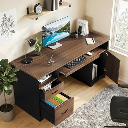 59" Office Desk with File Drawer, Keyboard Tray & 2 Drawers, Cherry