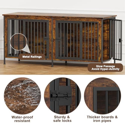 63" Dog Crate Furniture for 1 or 2 Dogs, Brown (DC102)