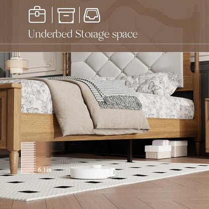 Queen Size Platform Bed Frame with Upholstered Headboard, Mid Century Modern Wood Bed Frame with Panel Footboard, No Box Spring Needed, Heavy Duty Support for Master Bedroom