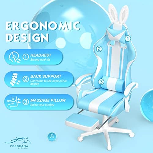 Ferghana Blue Gaming Chair with Bunny Ear, Cute Massage Gaming Chairs for Adults & Teens, Office PC Gamer Chair with Footrest, Kawaii Computer Game Chair for Girls, Racing Reclining Silla Gamer