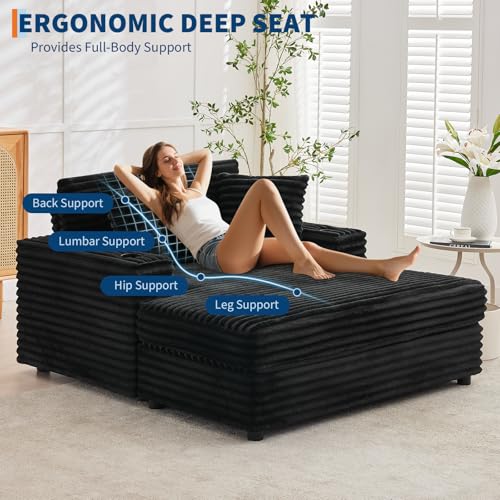 60" Oversized Corduroy Chaise Lounge Chair,Black Indoor Sleeper Sofa