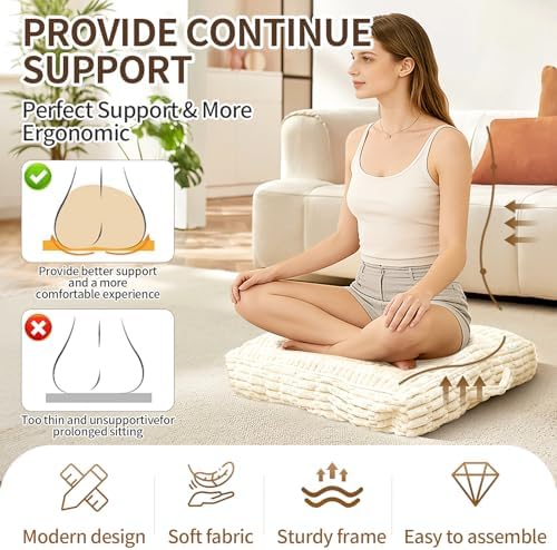Floor Cushions, Corduroy Floor Pillow, Floors Pillows for Adults & Pets, Large Floors Pouf, Square Floored Pillows for Sitting & Yoga(1PC, Beige White，22"×22"×5.9")