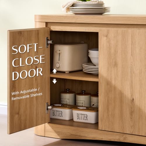 Modern Curved 70" Buffet Cabinet with 4 Storage Doors, Natural