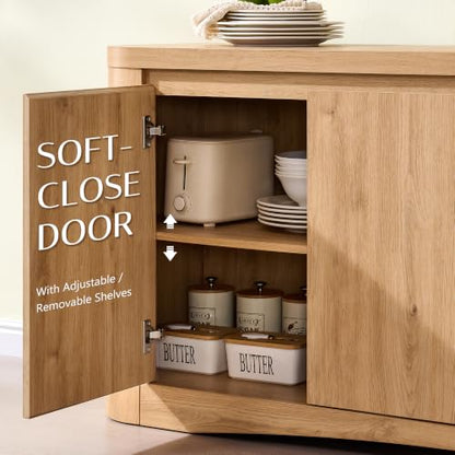 Modern Curved 70" Buffet Cabinet with 4 Storage Doors, Natural