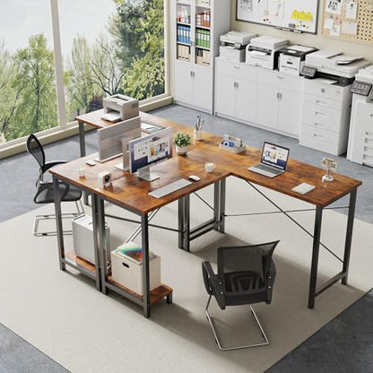 50-Inch Reversible L Shaped Desk with CPU Shelf, Brown