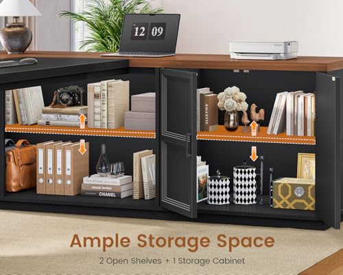 78.7" L Shaped Executive Desk with Charging Station, Large Home Office Computer Desk with File Drawers & Adjustable Storage Cabinet, CPU Stand, Modern L Desk for Business, Black + Brown
