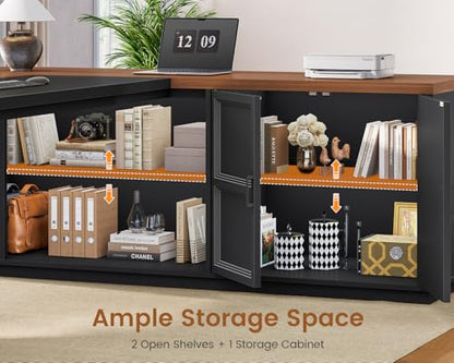 78.7" L Shaped Executive Desk with Charging Station, Large Home Office Computer Desk with File Drawers & Adjustable Storage Cabinet, CPU Stand, Modern L Desk for Business, Black + Brown