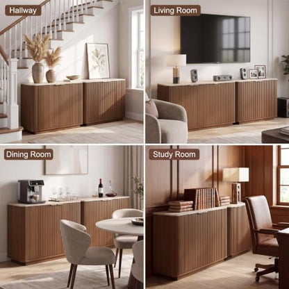 55" Fluted Buffet Sideboard with Storage Cabinet, Walnut