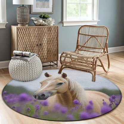 Fashion Round Area Rug Large Non Slip Carpet, Lavender Horse Unisex Home Decor Mat