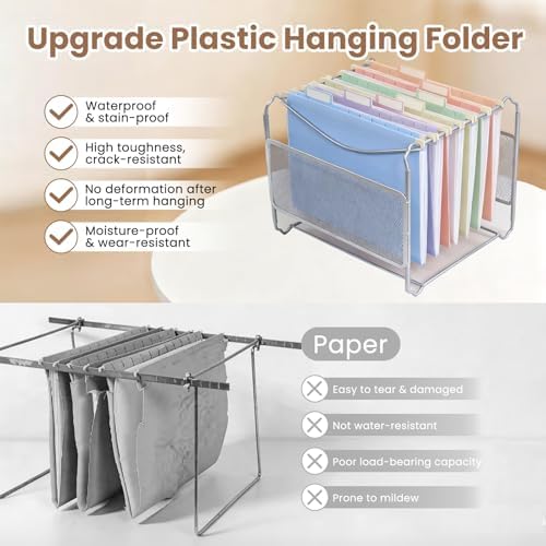 Plastic Hanging File Folders for Letter Size with 1/5 Tabs, Sturdy & Tear-Resistant, 12 Pack Pastel Expandable Hanging File Folders for Filing Cabinet Organizer, Home & Office