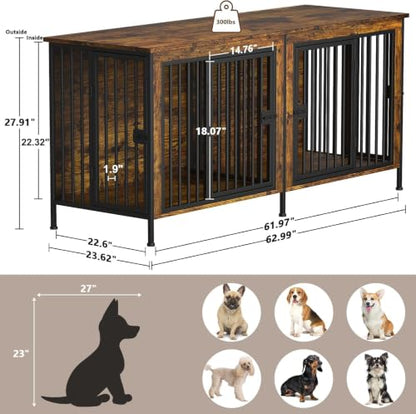 63" Dog Crate Furniture for 1 or 2 Dogs, Brown (DC102)