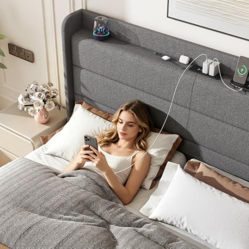 King Linen Multifunctional Bed with Charging Station & Storage Headboard