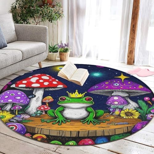 Highly Premium Quality Floor Mat, Office Chair Decor Mat, Room Sofa Yoga Soft Round Carpet Magic Mushrooms Frog Trippy Art, 36inch
