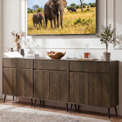 92" Large Fluted Sideboard Buffet Cabinet, Walnut.