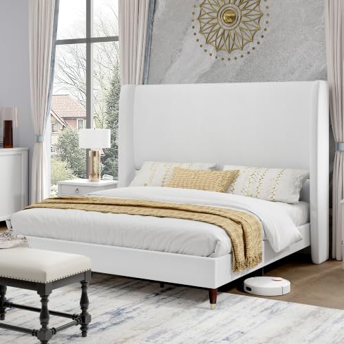 Queen Bed Frame Linen Upholstered 51.2" Tall Headboard, White