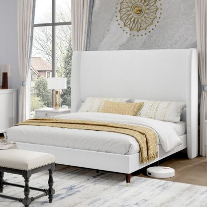 Queen Bed Frame Linen Upholstered 51.2" Tall Headboard, White