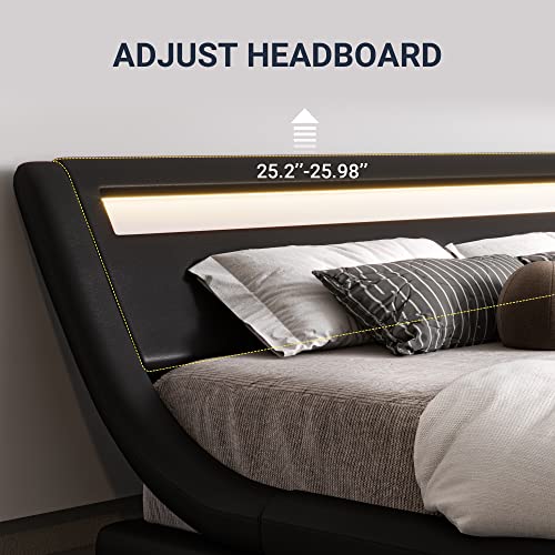 Queen Size LED Platform Bed Frame with Adjustable Headboard, Black