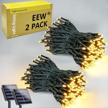 Solar String Lights Outdoor 2 Pack 200 LED 66FT Christmas Lights Warm White