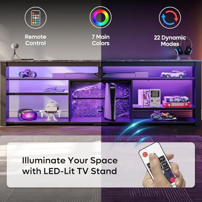 Tall TV Cabinet with LED & Storage, 80", Black Marble Gaming Stand
