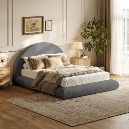 Queen Upholstered Platform Bed Frame with Arched Boucle Headboard