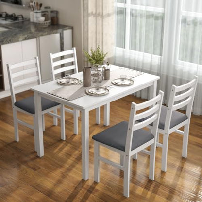5-Piece Dining Table Set for 4, Solid Rubber Wood Legs, White