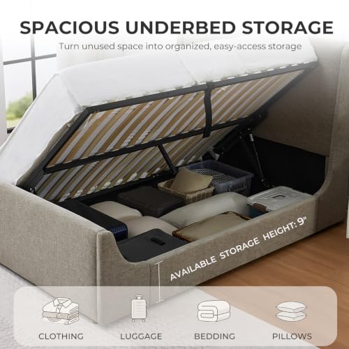 Queen Size Lift Up Storage Bed Frame, Tall Headboard, Sleigh Bed