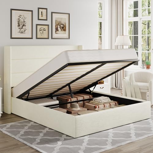 Queen Size Chenille Lift Up Hydraulic Storage Bed Frame Cream White