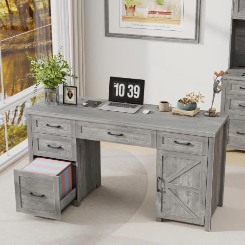 Farmhouse 61'' Executive Desk with 5 Drawers,Grey